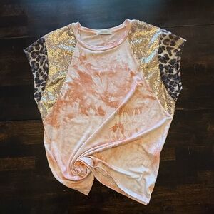 VERVET Tie-Dye Top with Sequin and Leopard Sleeves NWOT